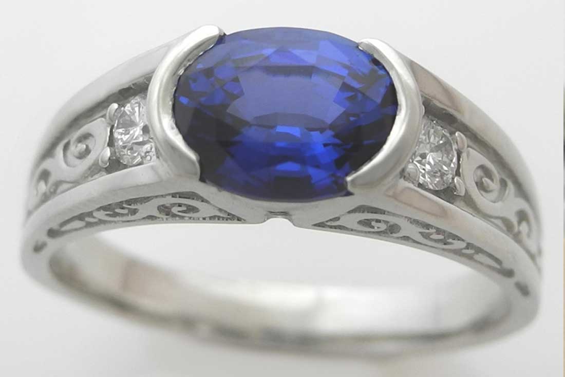 14kt White Gold with Oval Blue Sapphire and Diamond Ring