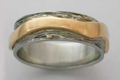 Custom Designed Jewelry Textured 14k Yellow and White Gold Gents Band