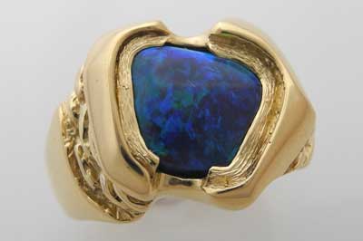 Custom Designed Jewelry Opal and 14k Yellow Gold Gents Band