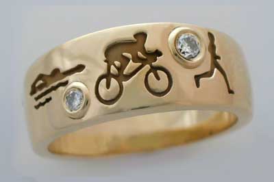 Custom Designed Jewelry 14k Yellow Gold and Diamond Triathlon Ring