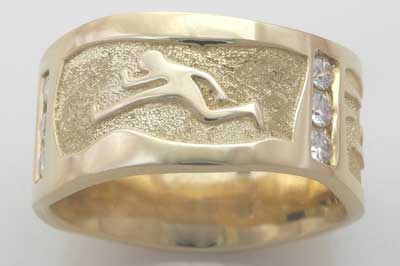 Custom Designed Jewelry 14k Yellow Gold and Diamond Carved Triathlon Ring